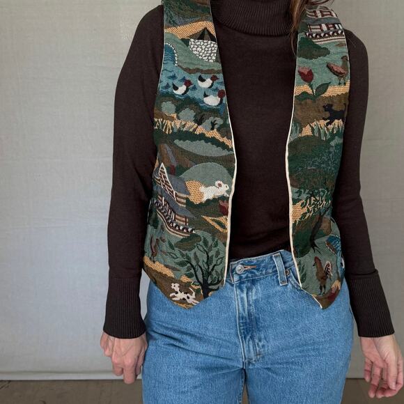 Doen Jackets & Blazers - Vintage Countryside Scenic Tapestry Vest – Green Multi, Cottagecore